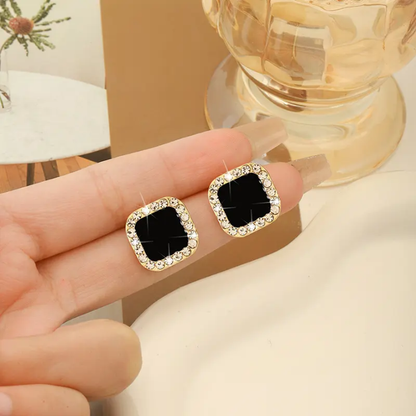 Black Square Crystal Stud Earrings – Elegant Rhinestone Border Earrings for Women