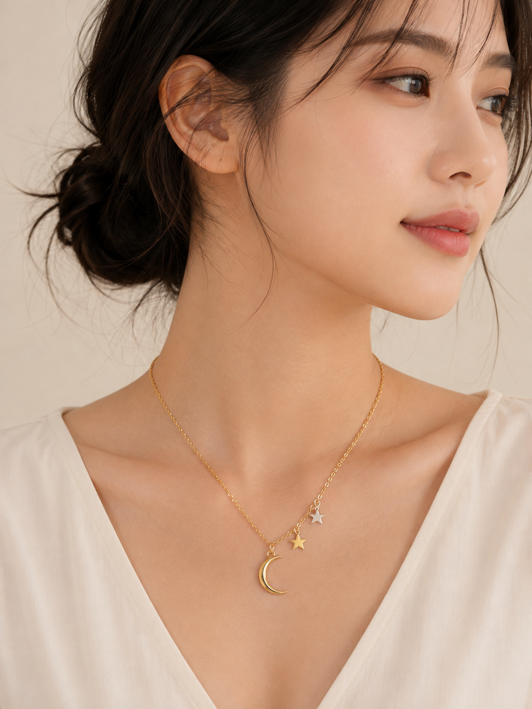 Celestial Moon & Stars Pendant Necklace – Gold-Tone Dainty Necklace for Women