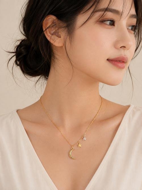 Celestial Moon & Stars Pendant Necklace – Gold-Tone Dainty Necklace for Women