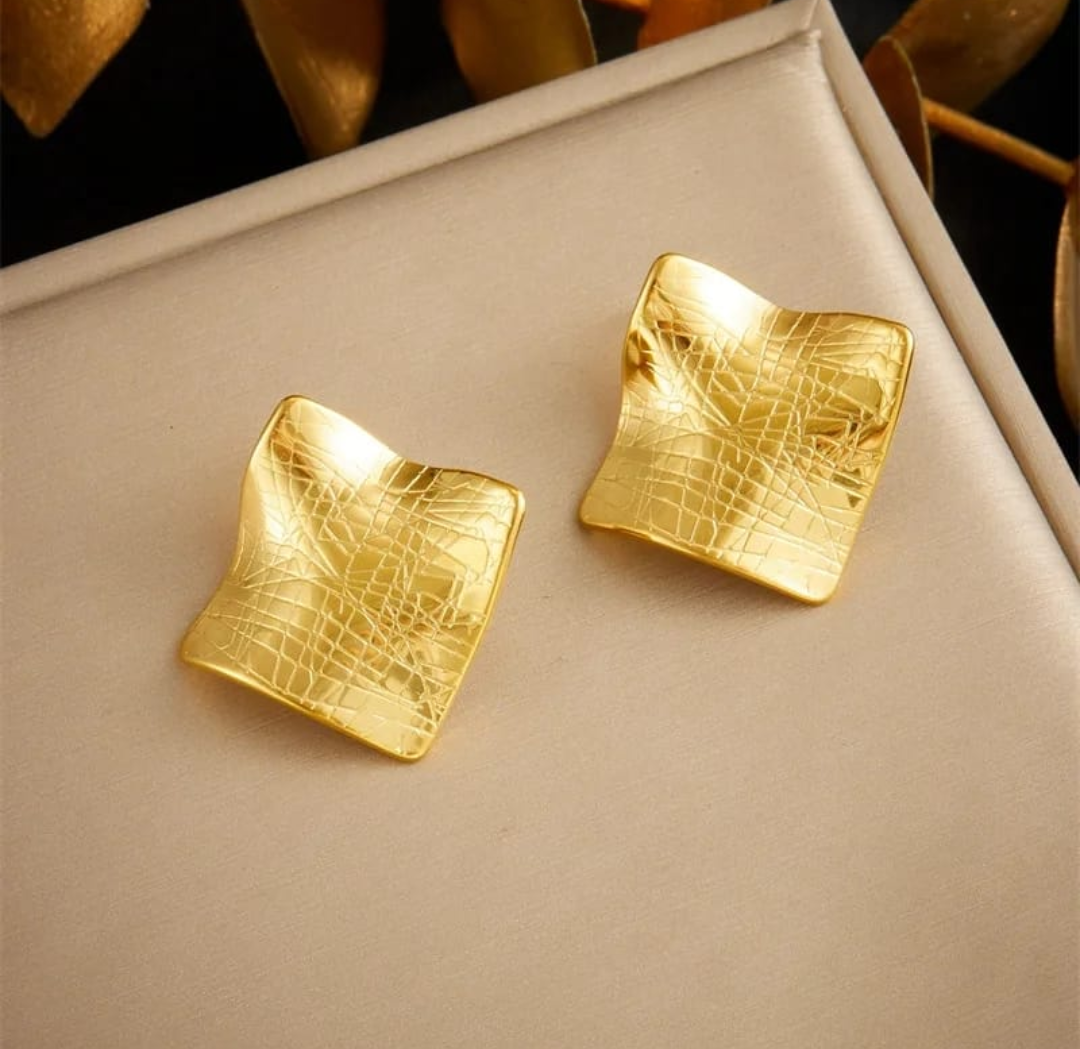 Textured Gold Square Stud Earrings – Bold Sculpted Shine