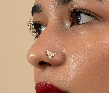 Gold Bee Nose Ring with Sparkling Stones