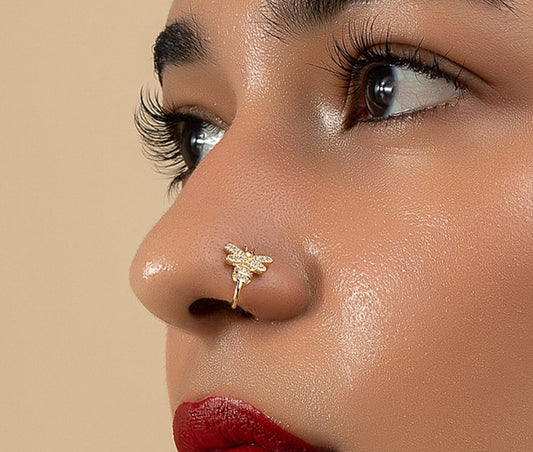 Gold Bee Nose Ring with Sparkling Stones