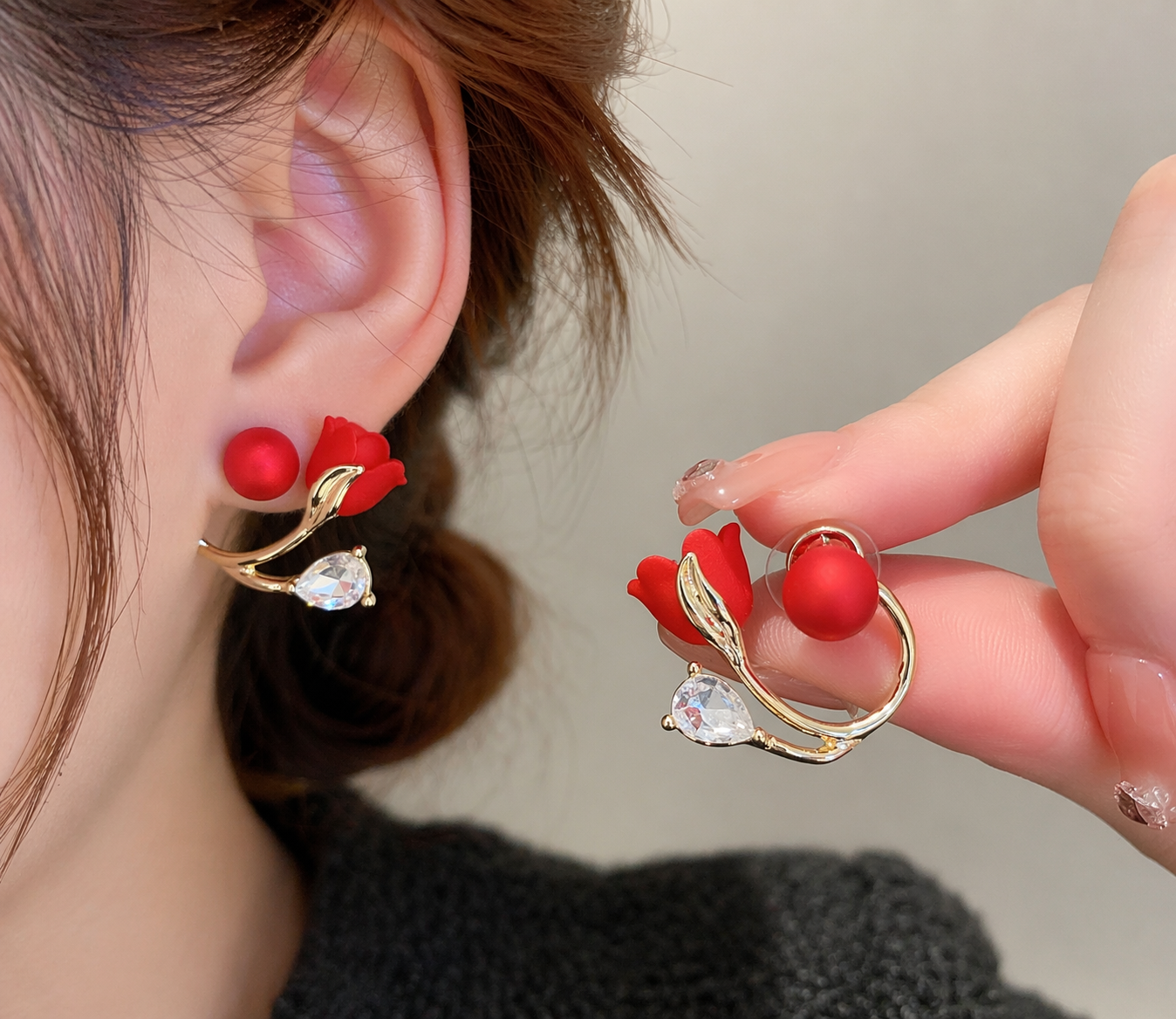 Red Floral Hoop Earrings