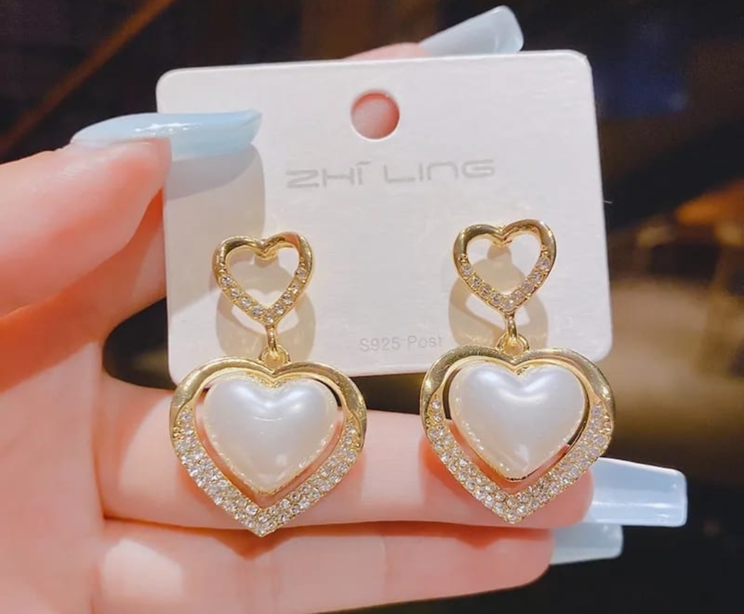 Luxury Double Heart Pearl Crystal Drop Earrings