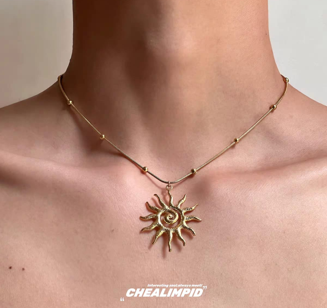 Golden Spiral Sun Pendant Necklace