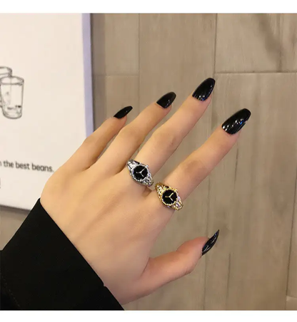 Elegant Black Dial Watch-Inspired Rings – Vintage Statement Ring
