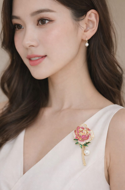 Luxury Crystal Rose Pearl Brooch