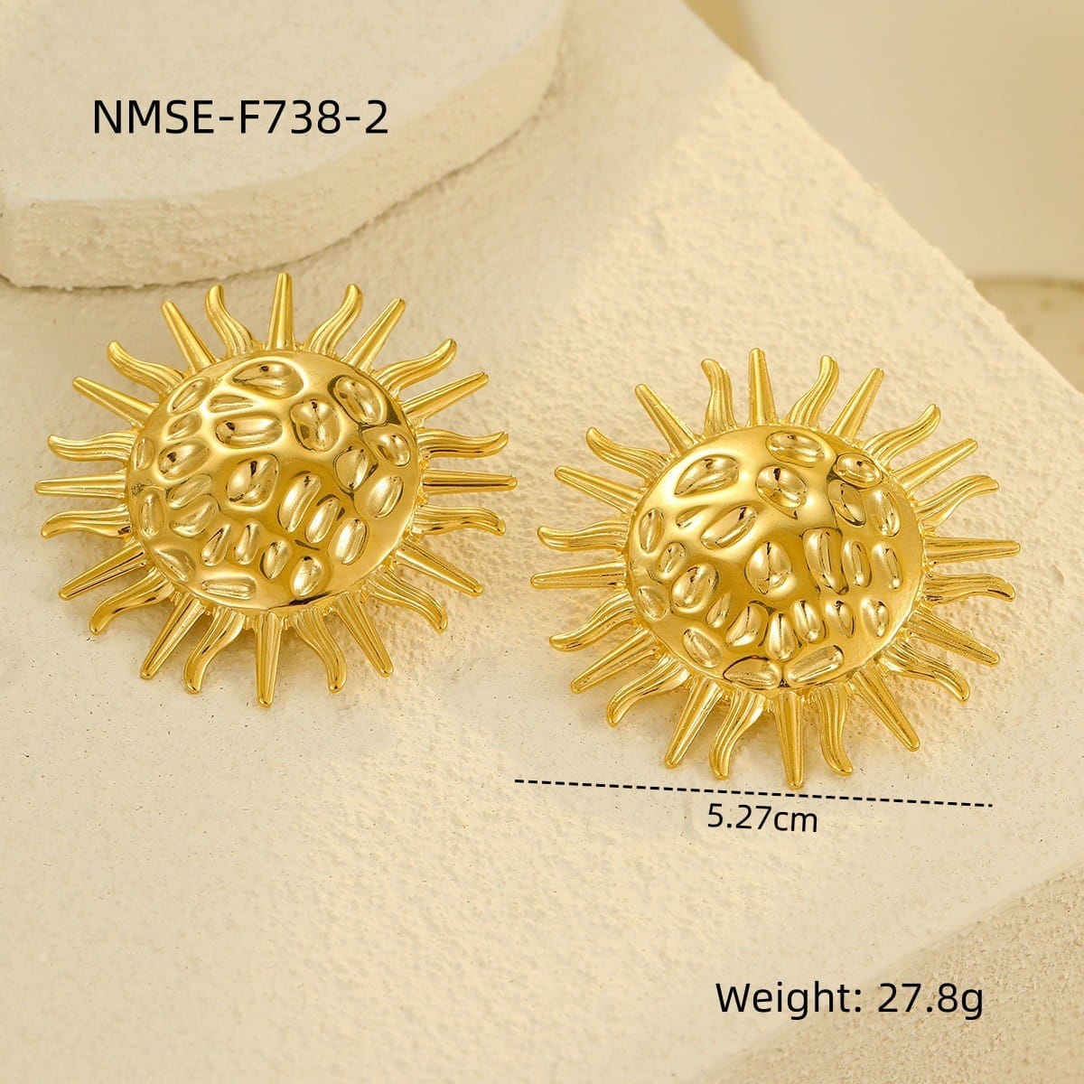 Golden Sunburst Statement Earrings – Textured Round Stud Earrings