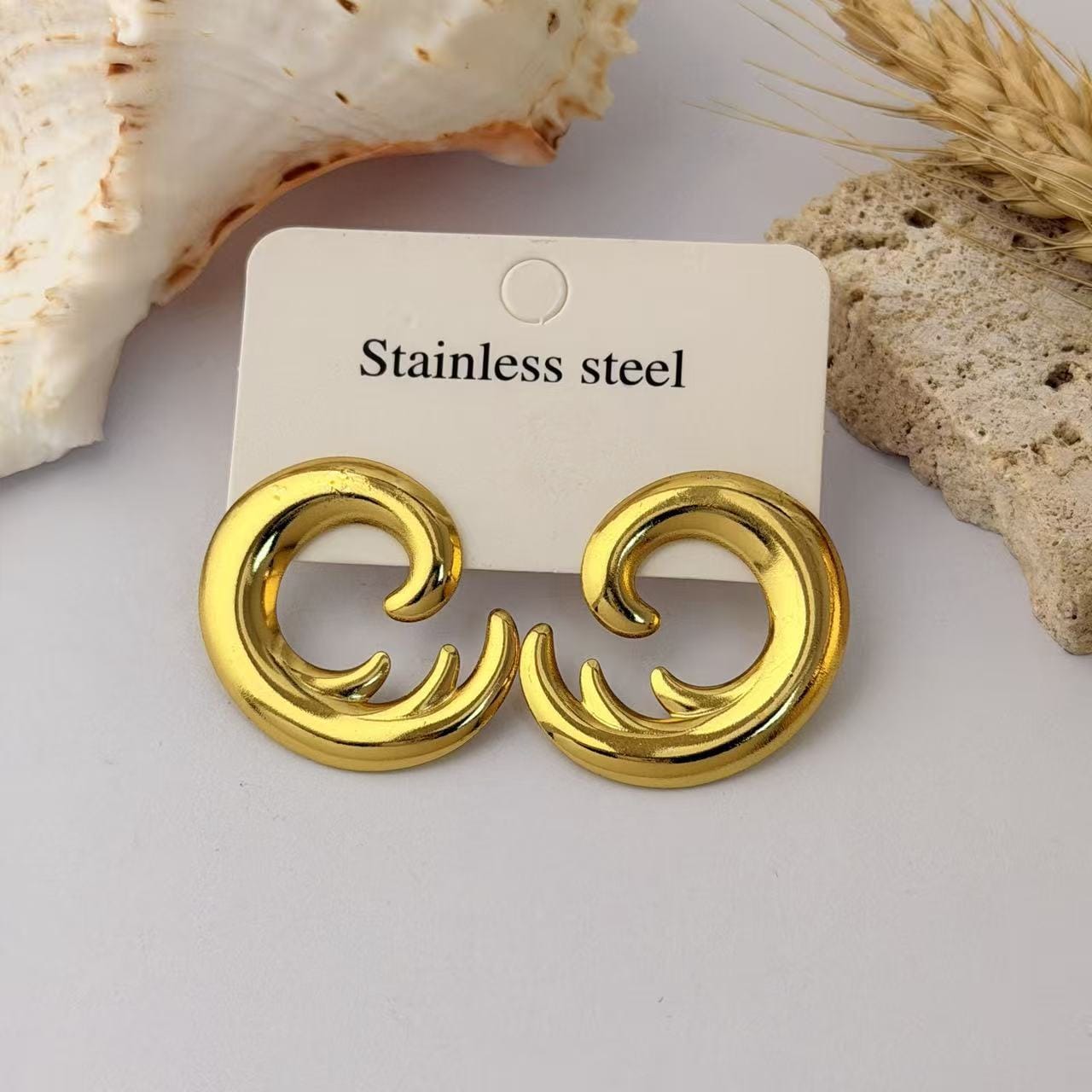 Gold Spiral Statement Earrings – Stainless Steel Curved Hoop Earrings for Women