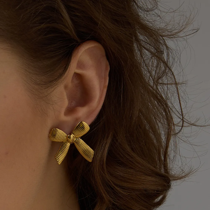 Gold-Tone Bow Statement Earrings – Elegant Ribbed Ribbon Earrings for Women