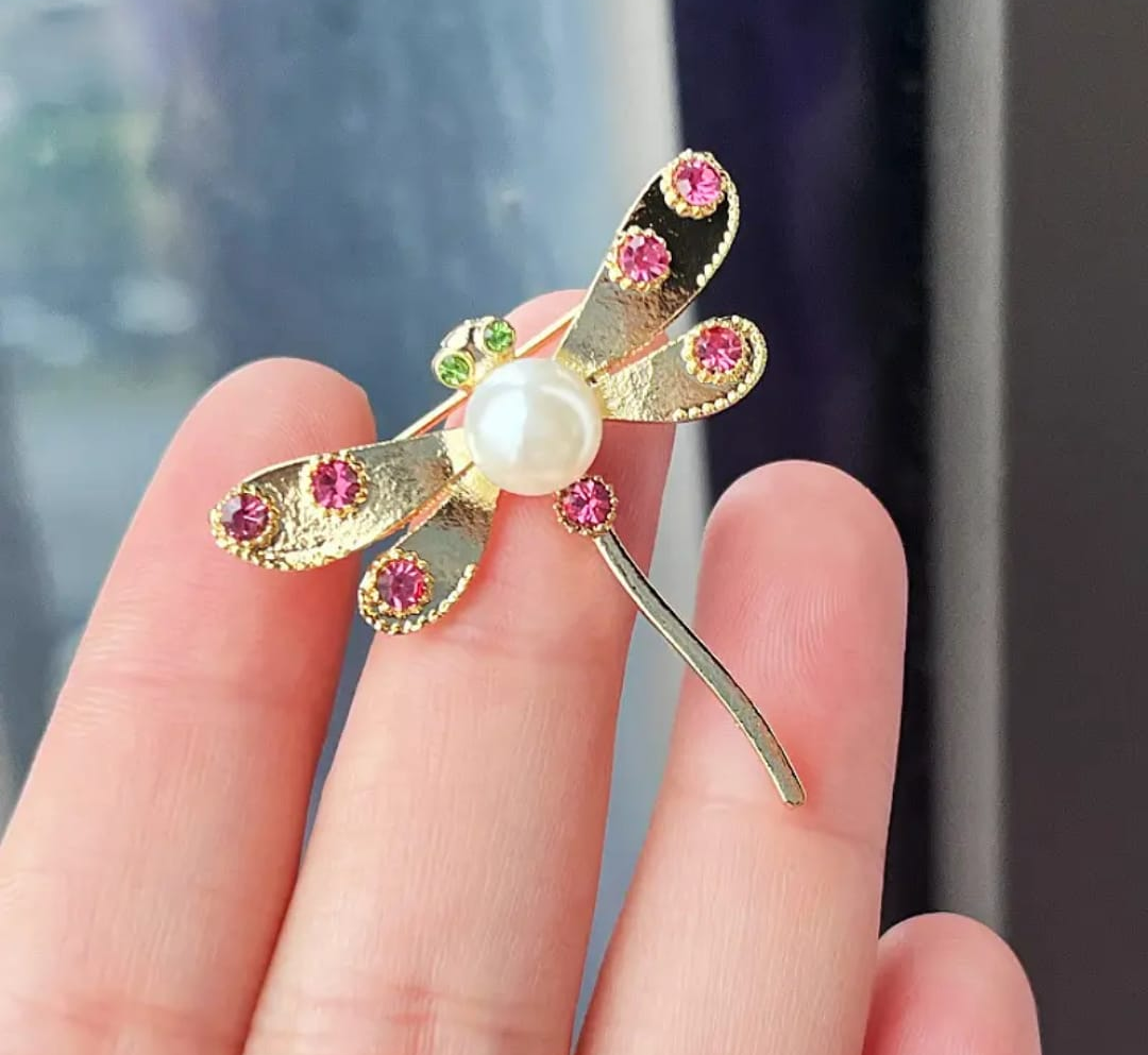 Golden Pearl Dragonfly Brooch