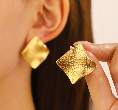 Textured Gold Square Stud Earrings – Bold Sculpted Shine