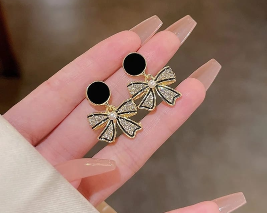 Chic Noir Bow Crystal Drop Earrings