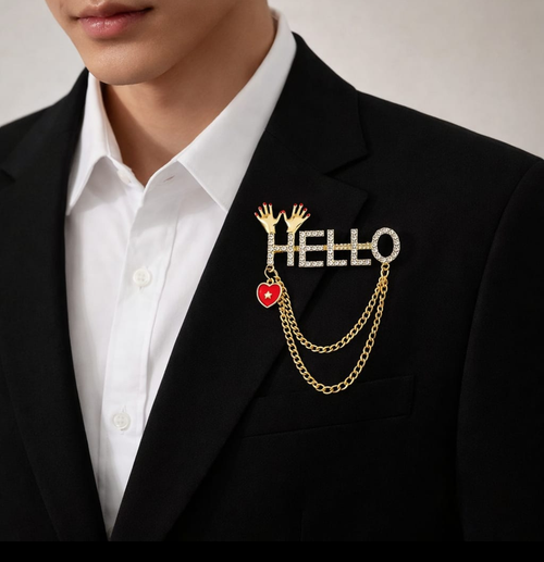 Crystal “HELLO” Letter Brooch with Chain Tassel
