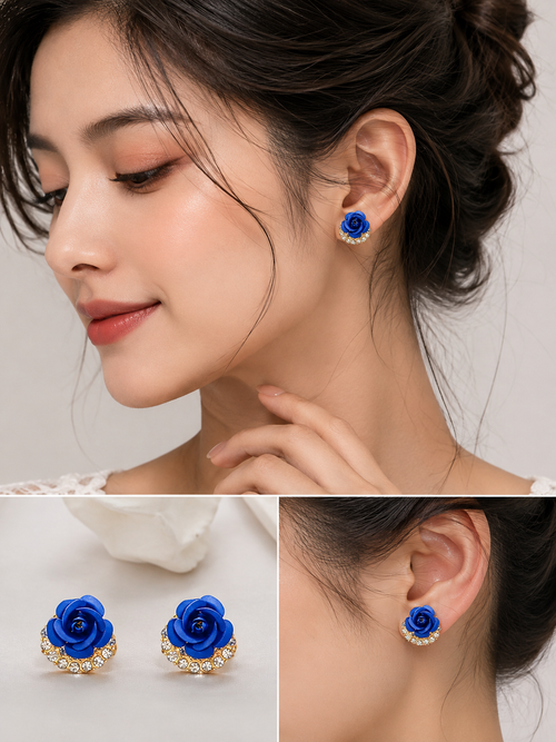 Blue Rose Stud Earrings – Elegant Floral Crystal-Accent Earrings for Women
