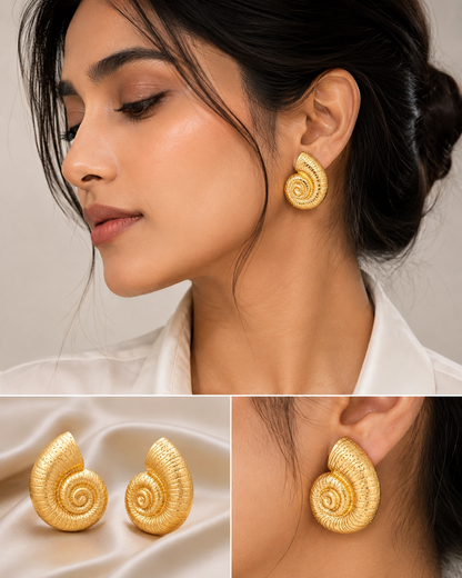 Golden Spiral Shell Earrings – Textured Statement Stud Earrings for Women