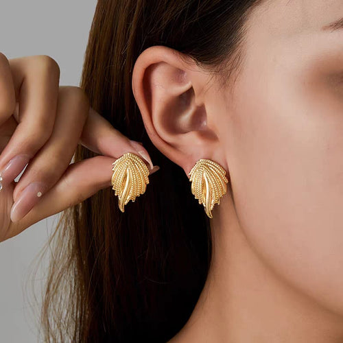 Gold Leaf Drop Earrings – Elegant Textured Leaf Statement Earrings