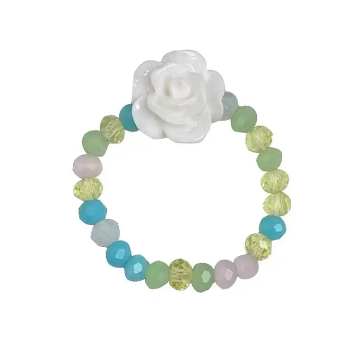 Pastel Beaded Flower Ring – White Rose & Colorful Bead Adjustable Ring