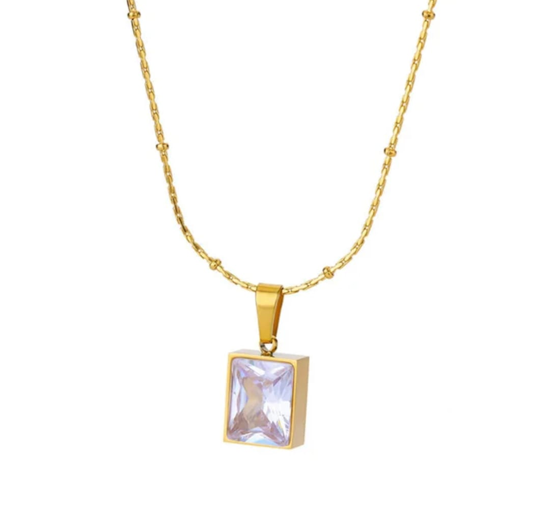 Gold Rectangular Crystal Pendant Necklace