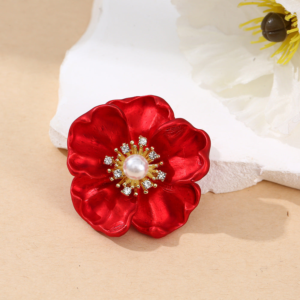 Crimson Blossom Pearl Brooch