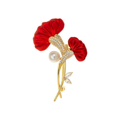 Scarlet Bloom Pearl Crystal Brooch