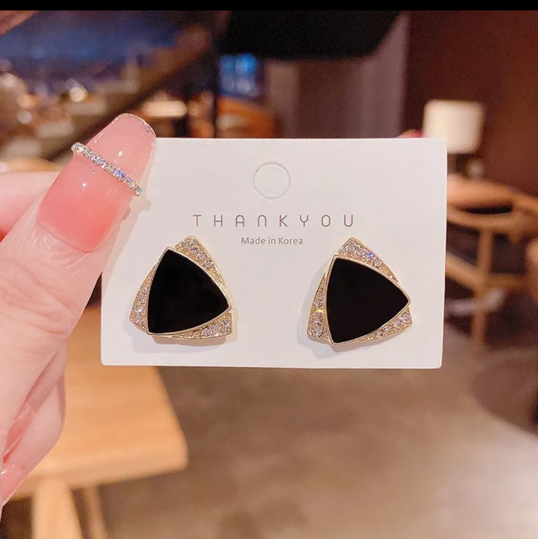 Geometric Black Triangle Crystal Stud Earrings
