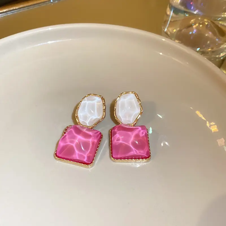 Pink & White Statement Drop Earrings – Elegant Geometric Fashion Earrings