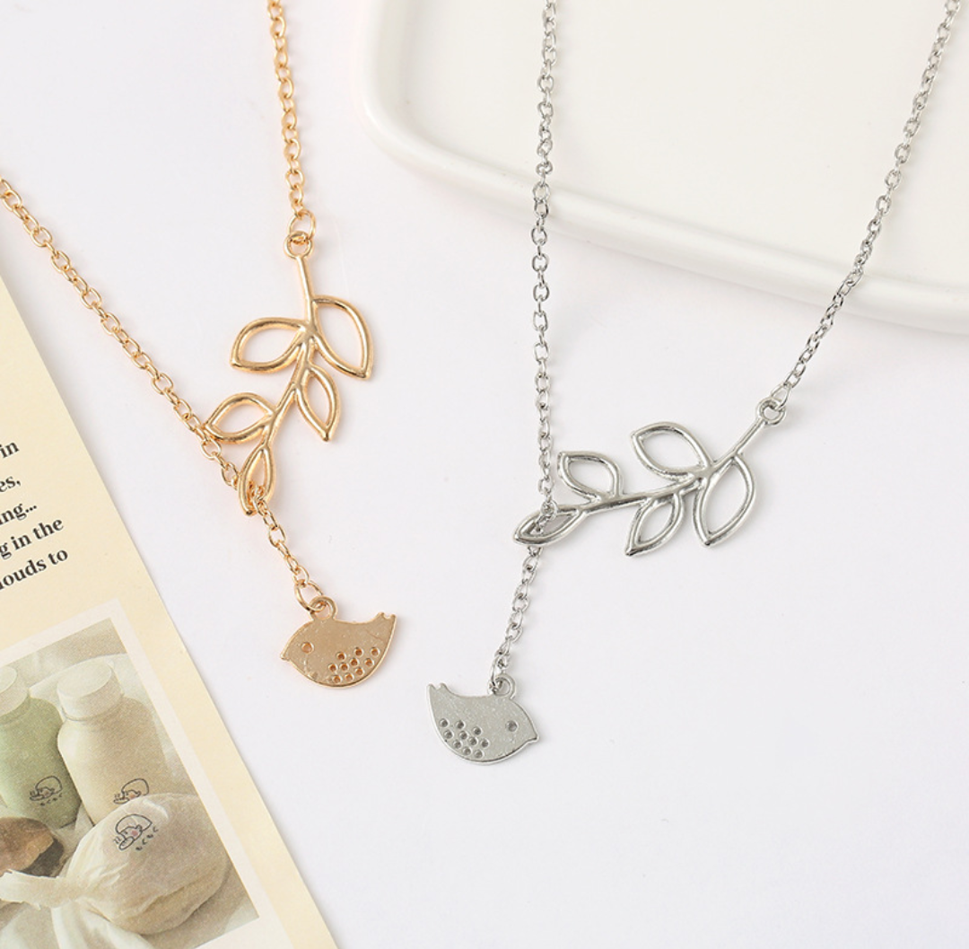 Minimalist Leaf & Bird Charm Necklace