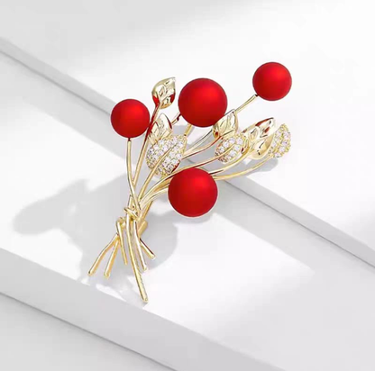 Elegant Red Berry Crystal Bouquet Brooch