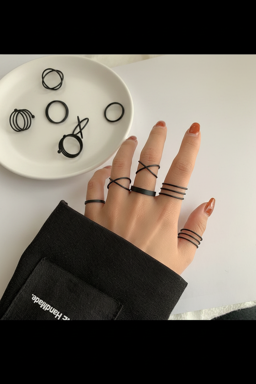 Minimal Black Stack Ring Set 🖤