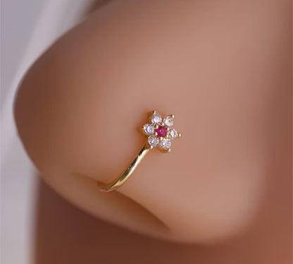 Gold Floral Nose Ring with Purple Gemstone