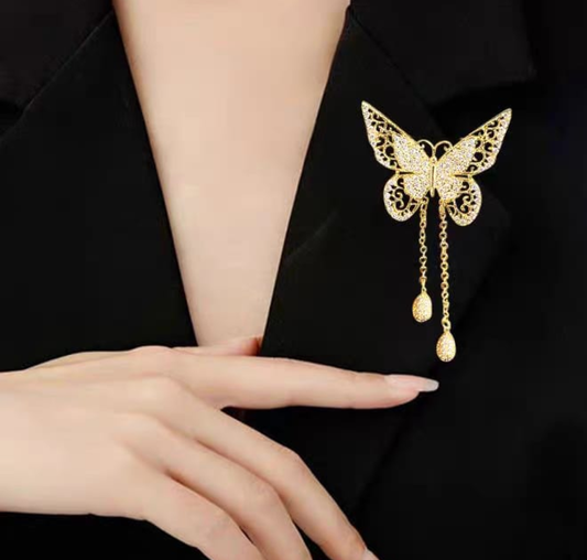 Elegant Filigree Butterfly Tassel Brooch