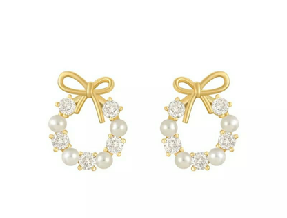 Elegant Bow Pearl Crystal Hoop Earrings