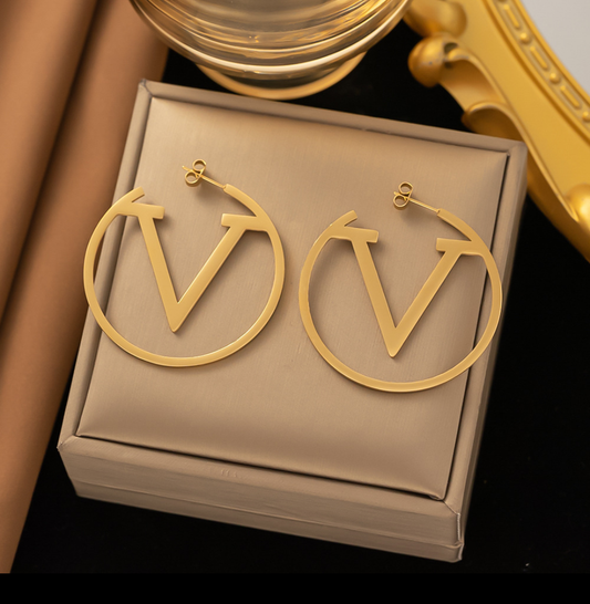 Gold “V” Logo Hoop Earrings – Modern Iconic Statement