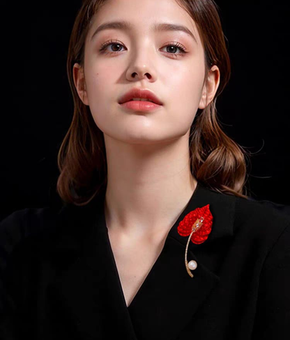 Crimson Leaf Pearl Elegance Brooch