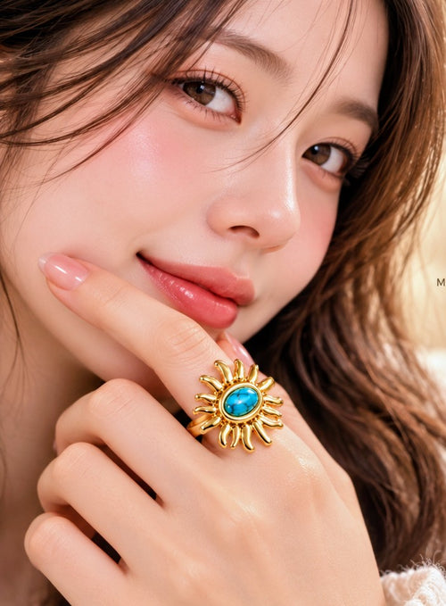Gold-Tone Turquoise Sunburst Statement Ring