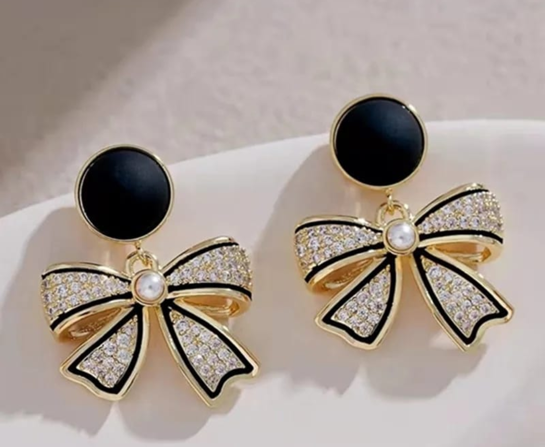 Chic Noir Bow Crystal Drop Earrings