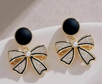 Chic Noir Bow Crystal Drop Earrings