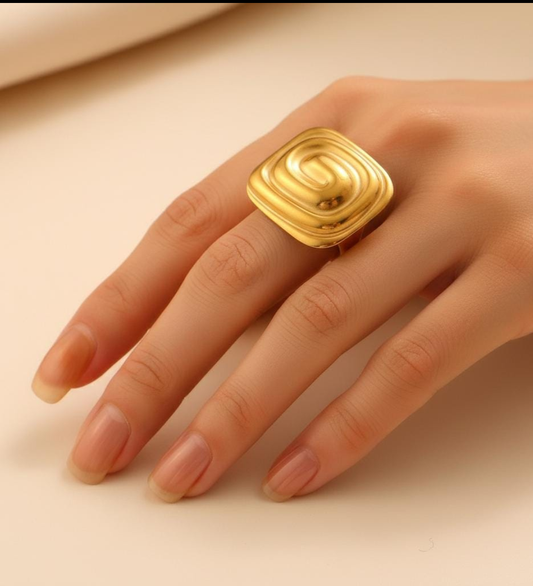 Sculpted Golden Ripple Statement Ring