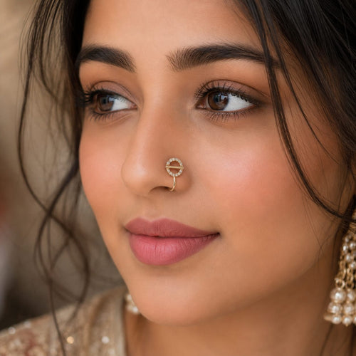 Gold-Tone Circle CZ Nose Pin – Elegant Crystal Nose Stud for Women