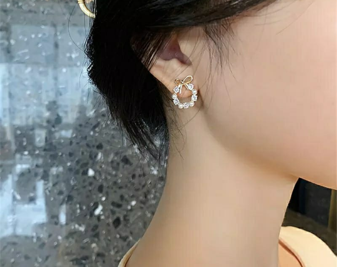 Elegant Bow Pearl Crystal Hoop Earrings