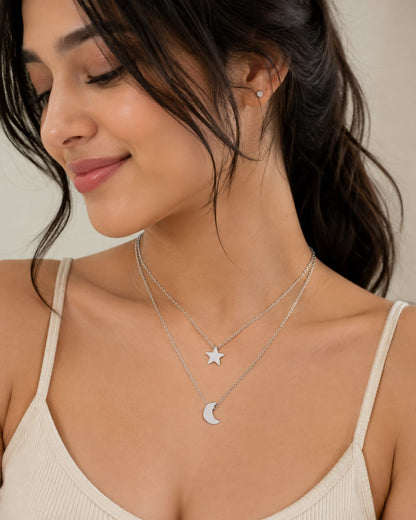 Star & Crescent Moon Layered Necklace – Minimalist Double Layer Pendant Necklace