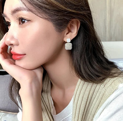 Chic Pearl Cluster Square Drop Earrings