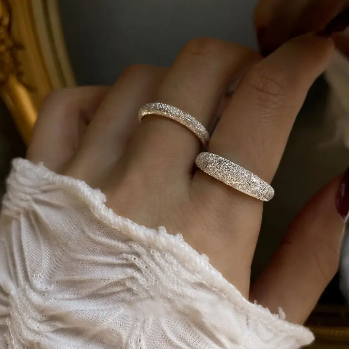 Silver-Tone Textured Adjustable Rings – Minimalist Sparkle Band Ring