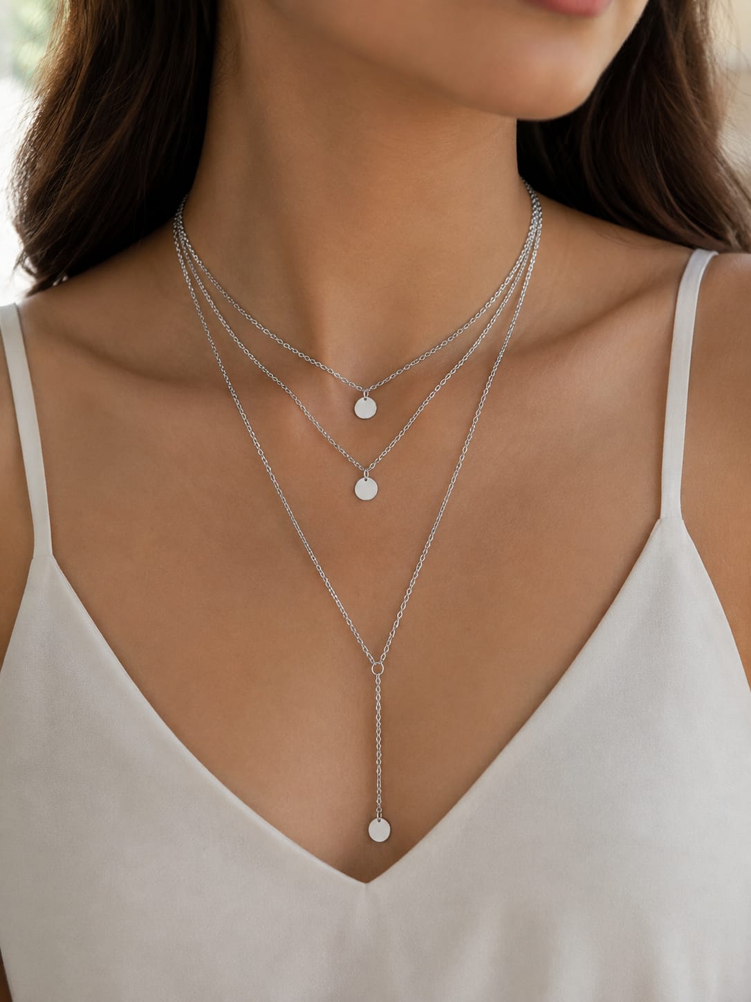 Layered Disc Pendant Necklace – Minimalist Y-Lariat Chain Necklace for Women