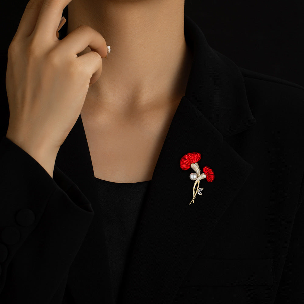Scarlet Bloom Pearl Crystal Brooch