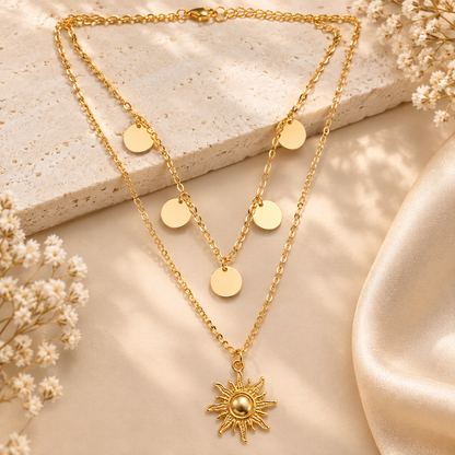 Silver Sun Pendant Layered Necklace – Minimalist Disc Charm Statement Necklace
