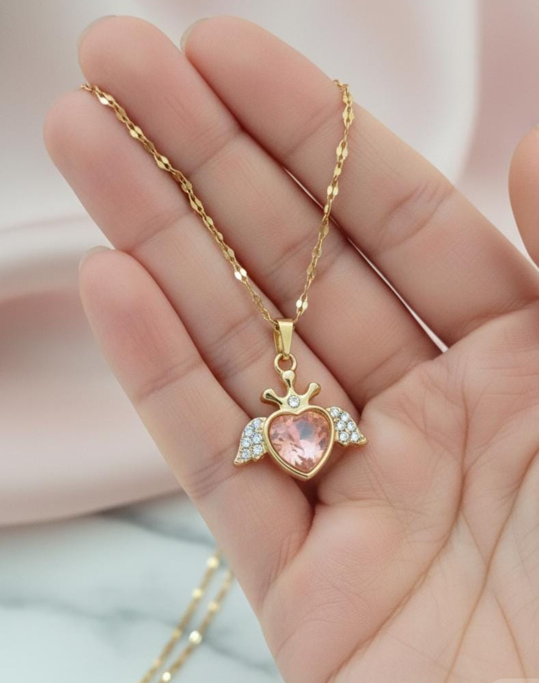 Romantic Angel Heart Crystal Pendant Necklace