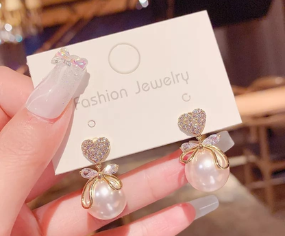 Sparkling Heart Pearl Drop Earrings