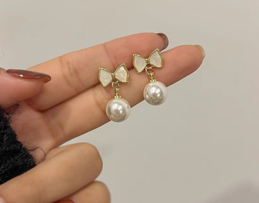 Elegant Bow Pearl Drop Earrings